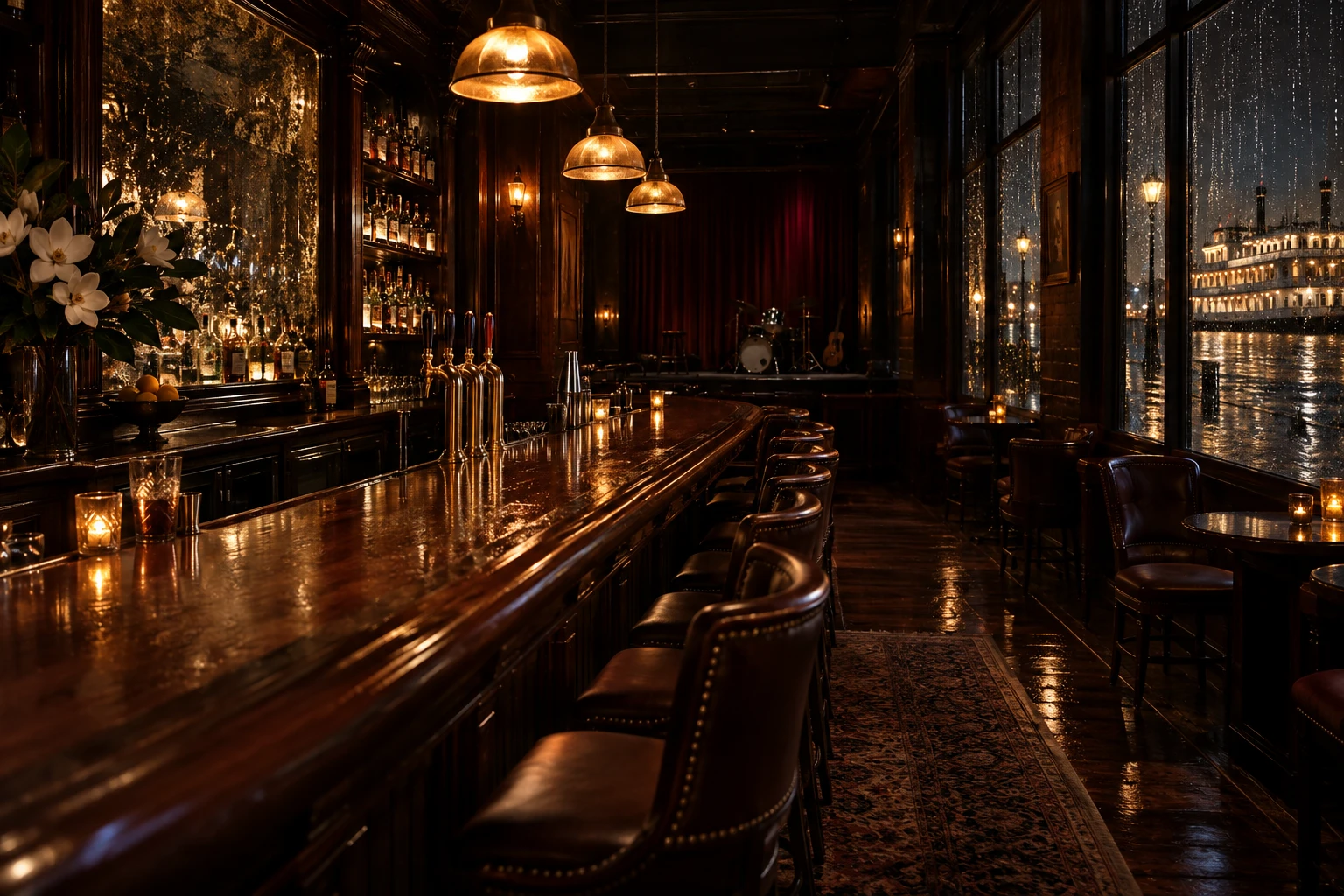 The imagined Anchorline bar, mahogany and amber light