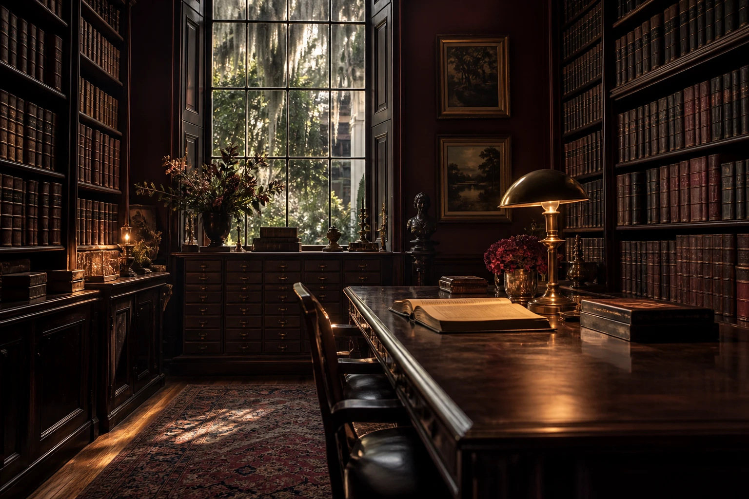 An imagined lamp-lit Culpepper ledger room on Gaston Street