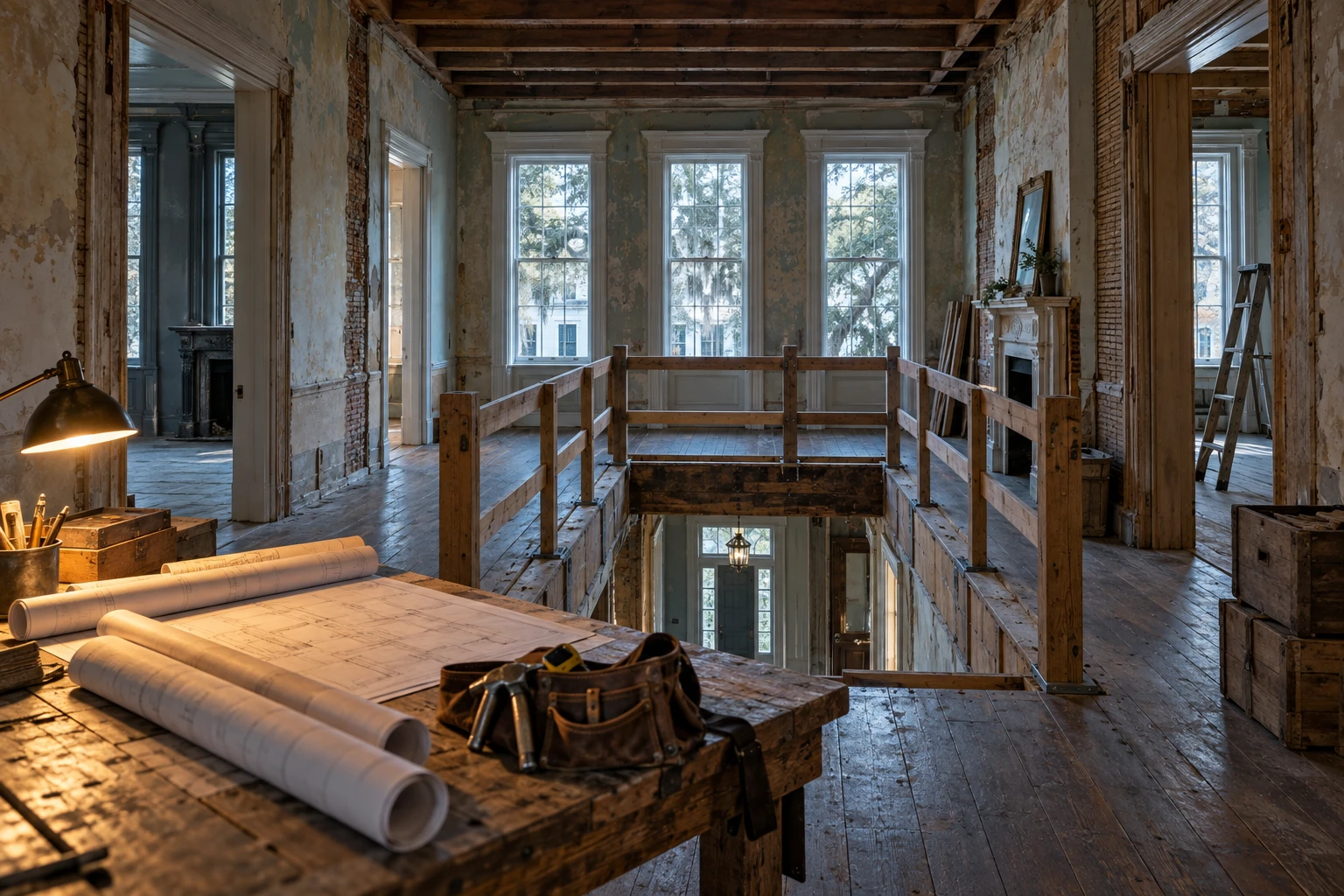 Darby’s imagined restoration townhouse, heart pine and an open stairwell